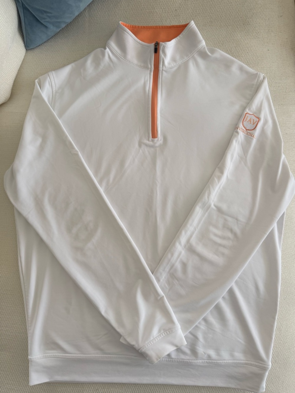 Peter Millar Performance Quarter Zip in White with Orange Trim